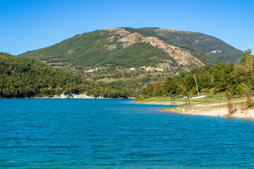 Lago di Fiastra, reservoir in the province of Macerata, Marche region, Italy. Within the Monti Sibillini National Park.