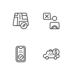 Set line Taximeter device, mobile app, Location taxi car and driver icon. Vector