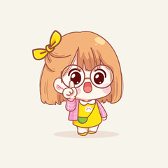 Young girl in different gestures cartoon illustration