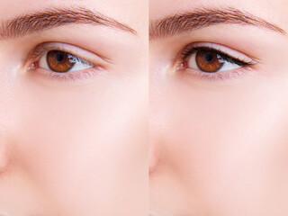 Fototapeta premium Female eye before and after lashes dyeing.