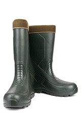 Green rubber boots with a warm toe on a white background.