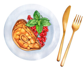 Apple strudel with currant berries watercolor