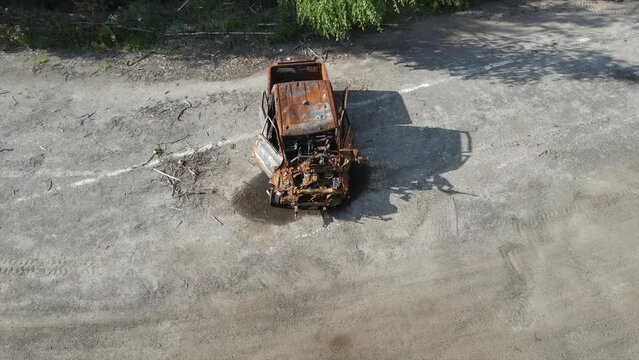 War in Ukraine, Remains of Destroyed and burned by Ukrainian army,  russian battle vehicle of the Russian invaders after counteroffensive