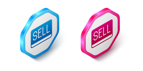 Isometric Sell button icon isolated on white background. Financial and stock investment market concept. Hexagon button. Vector