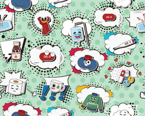 Vector flat seamless texture pattern Hand drawn flat trendy cartoon elements collection Cold And Flu