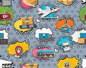 Fototapeta premium Vector flat seamless texture pattern Hand drawn flat trendy cartoon elements collection Logistics