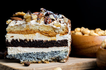 multi-layer cake with different layers, close up