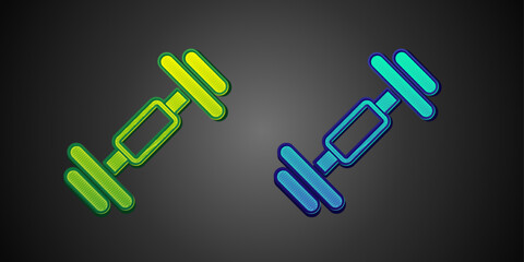 Green and blue Dumbbell icon isolated on black background. Muscle lifting, fitness barbell, sports equipment. Vector