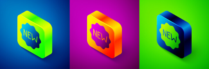 Isometric Price tag with an inscription New icon isolated on blue, purple and green background. Badge for price. Promo tag discount. Square button. Vector