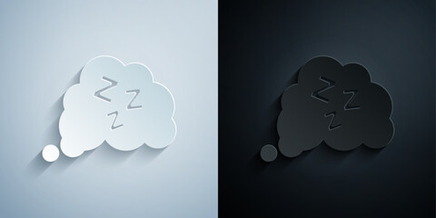 Paper cut Sleepy icon isolated on grey and black background. Sleepy zzz talk bubble. Paper art style. Vector