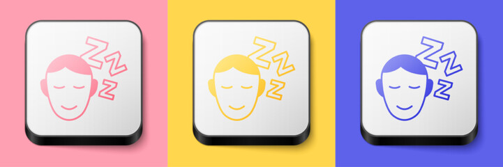 Isometric Dreams icon isolated on pink, yellow and blue background. Sleep, rest, dream concept. Resting time and comfortable relaxation. Square button. Vector