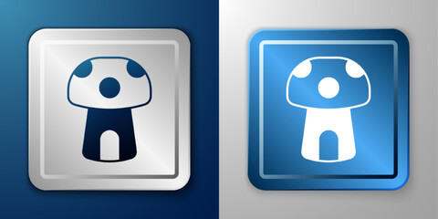 White Fantasy mushroom house icon isolated on blue and grey background. Fairytale house. Silver and blue square button. Vector