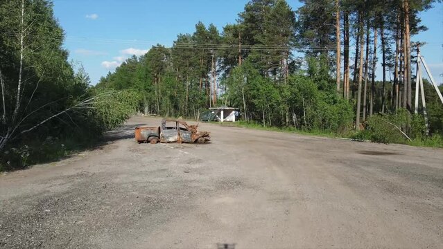War in Ukraine, Remains of Destroyed and burned by Ukrainian army,  russian battle vehicle of the Russian invaders after counteroffensive