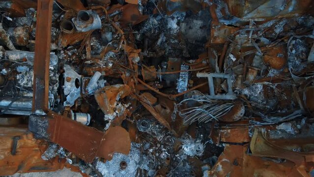 War in Ukraine, Remains of Destroyed and burned by Ukrainian army,  russian battle tank of the Russian invaders after counteroffensive