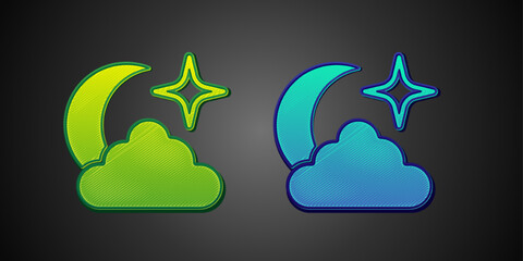 Green and blue Moon and stars icon isolated on black background. Cloudy night sign. Sleep dreams symbol. Full moon. Night or bed time sign. Vector