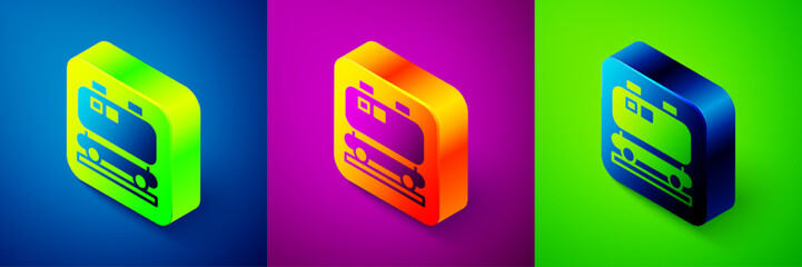 Isometric Oil railway cistern icon isolated on blue, purple and green background. Train oil tank on railway car. Rail freight. Oil industry. Square button. Vector