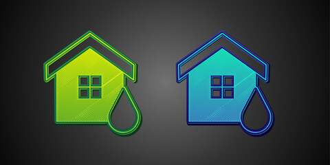 Green and blue House flood icon isolated on black background. Home flooding under water. Insurance concept. Security, safety, protection, protect concept. Vector