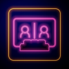 Glowing neon Video chat conference icon isolated on black background. Online meeting work form home. Remote project management. Vector