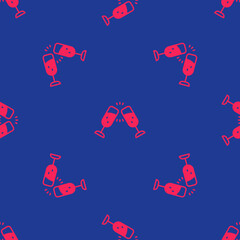 Red Glass of champagne icon isolated seamless pattern on blue background. Merry Christmas and Happy New Year. Vector