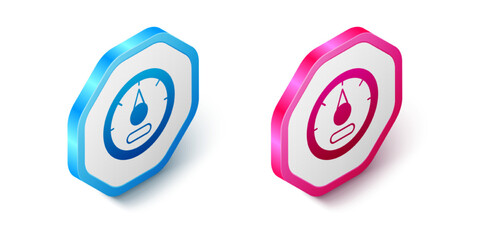 Isometric Motor gas gauge icon isolated on white background. Empty fuel meter. Full tank indication. Hexagon button. Vector