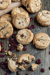 delicious dried cookies made of high-quality flour with dried red cranberries on the table