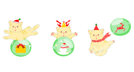 cute cat Christmas with   reindeer , snowman , gift bubble chrismas concept vector illustration.