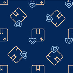 Line Delivery security with shield icon isolated seamless pattern on blue background. Delivery insurance. Insured cardboard boxes beyond the shield. Vector