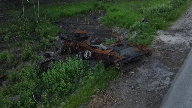 War in Ukraine, Remains of Destroyed and burned by Ukrainian army,  russian battle tank of the Russian invaders after counteroffensive