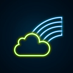 Glowing neon line Rainbow with cloud icon isolated on black background. Happy Saint Patricks day. National Irish holiday. Colorful outline concept. Vector