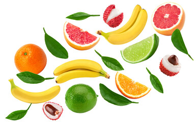 flying exotic fruits. banana, lime, lichee, grapefruit and orange fruit isolated on white background. clipping path
