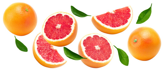 flying grapefruits with greew leaves  isolated on white background. clipping path