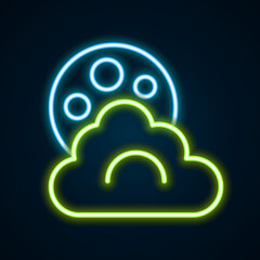 Glowing neon line Cloud with moon icon isolated on black background. Cloudy night sign. Sleep dreams symbol. Night or bed time sign. Colorful outline concept. Vector