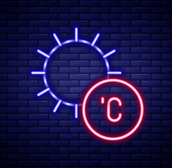 Glowing neon line Sun icon isolated on brick wall background. Colorful outline concept. Vector