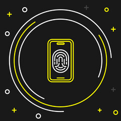 Line Smartphone with fingerprint scanner icon isolated on black background. Concept of security, personal access via finger on mobile. Colorful outline concept. Vector