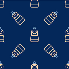 Line Dishwashing liquid bottle icon isolated seamless pattern on blue background. Liquid detergent for washing dishes. Vector