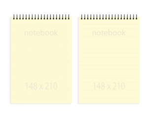 notebook a5 148x210. Yellow blank notepad paper page template with  squared lines. Mock up cover for business memo diary and empty sketchbook with spirals.
