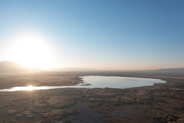 Aerial view of sunset over drought lake. Concept for climate change