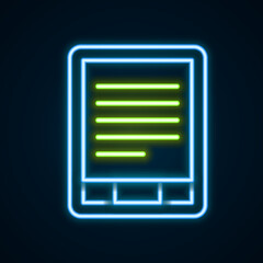 Glowing neon line E-Book reader icon isolated on black background. Colorful outline concept. Vector