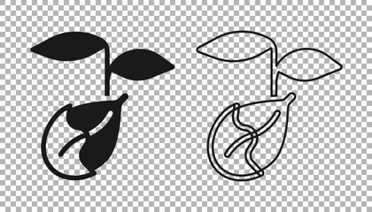 Black Sprout icon isolated on transparent background. Seed and seedling. Leaves sign. Leaf nature. Vector
