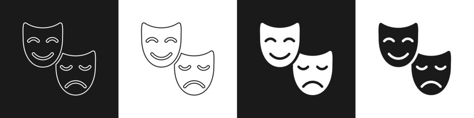 Fototapeta Set Comedy and tragedy theatrical masks icon isolated on black and white background. Vector obraz