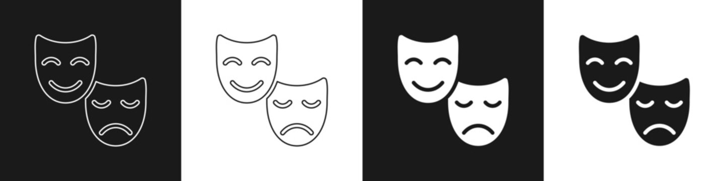 Set Comedy and tragedy theatrical masks icon isolated on black and white background. Vector