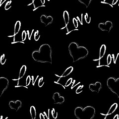 Seamless pattern Love lettering for textile, wrapping paper, wallpaper. Grey background with hearts.