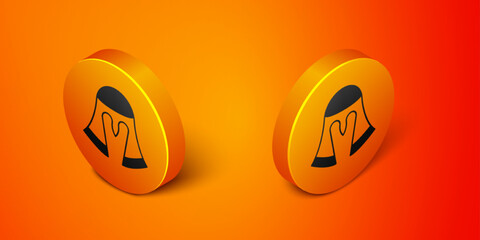 Isometric Medieval iron helmet for head protection icon isolated on orange background. Knight helmet. Orange circle button. Vector