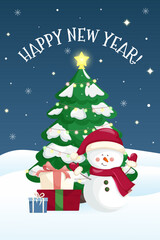 Christmas card with a Christmas tree, gifts and a cute snowman, vector illustration.