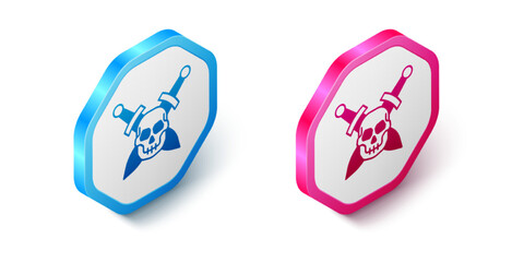 Isometric Crossed medieval sword with skull icon isolated on white background. Medieval weapon. Hexagon button. Vector