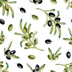 Watercolor vector seamless pattern with green olive tree branches on white background. Hand drawn. For the design natural organic cosmetics, wrapping paper or soap, olive oil.