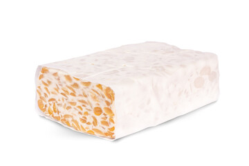 Tempeh is a typical Indonesian food made from fermented soybeans. tempeh isolated on white background