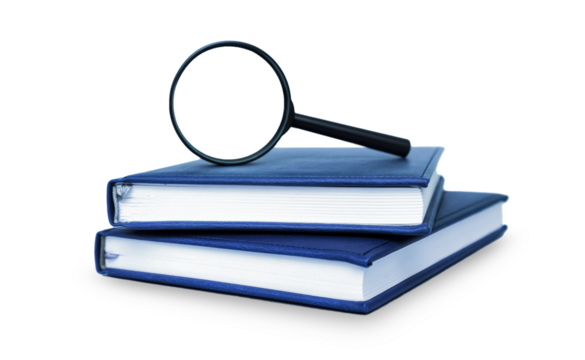 stack of books with Magnifier grungy background. Copy space.. isoleted