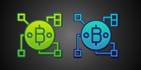 Green and blue Blockchain technology Bitcoin icon isolated on black background. Abstract geometric block chain network technology business. Vector