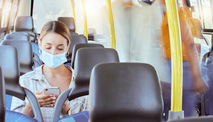 Covid, phone and woman bus mask for travel protection from sickness in pandemic health crisis....
